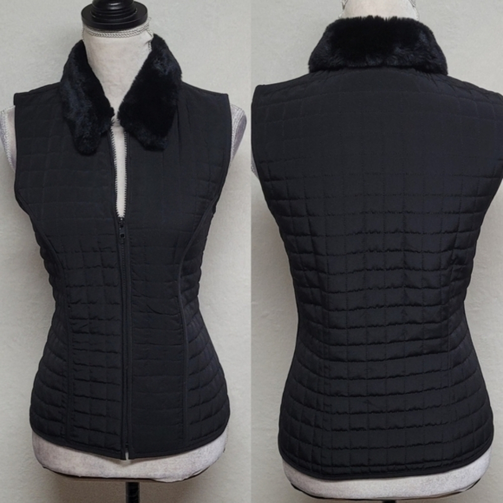 AGB Byer California Retro Y2K Black Faux Fur Collar Full-zip Quilted Vest.Add - Picture 2 of 12